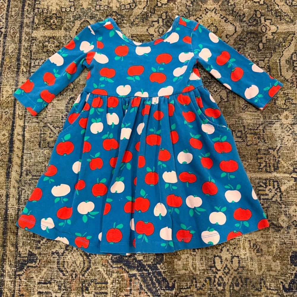 Hanna Andersson Girls Blue Apple Print Long Sleeve Pocket Play Dress Size 85 2T